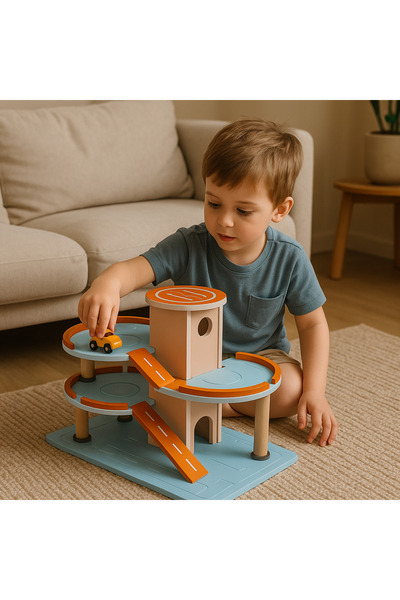 hedefixtoys Ahşap Oyuncak Araba Garajı – 3 Katlı Otopark Seti, Kaydıraklı, Renkli Tasarım, Montessori Uyumlu