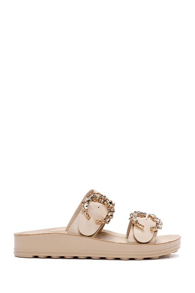 Derimod Women's Beige Double Buckle Stone Slippers 25Sfe 460718