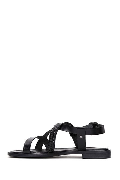 Derimod Women's Black Knitted Detailed Genuine Leather Bodrum Sandals 25Sfd331718