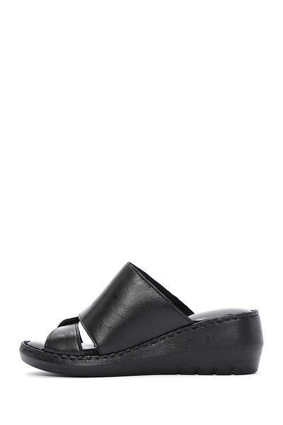 Derimod Women's Black Wedge Heeled Leather Comfort Slippers 25Sfd 320218