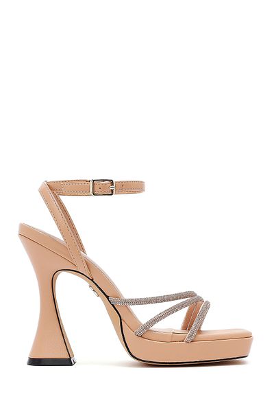 Derimod Women's Beige Ankle Strap Thick High Heeled Shoes Evening Dress Sandals