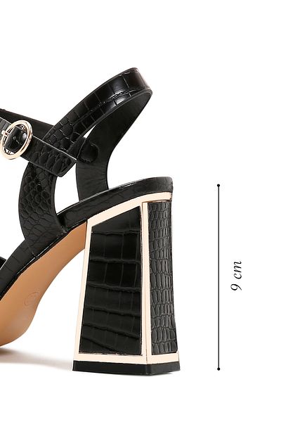 Derimod Women's Black Ankle Strap Thick Heeled Shoes Crocodile Sandals 25Sfe4623E3