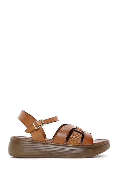 Derimod Women's Tan Thick Soled Knitted Detailed Genuine Leather Sandals 25Sfd331818
