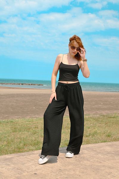 Expectus Women's Elastic Waist Relaxed Cut Loose Wide Leg Summer Trousers