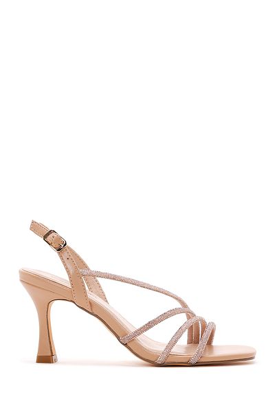 Derimod Women's Beige Stone Evening Dress Thin Heeled Shoes Sandals 25Sfd4409Ts