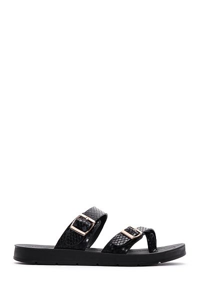 Derimod Women's Black Double Buckle Patterned Slippers 25Sfe 460140
