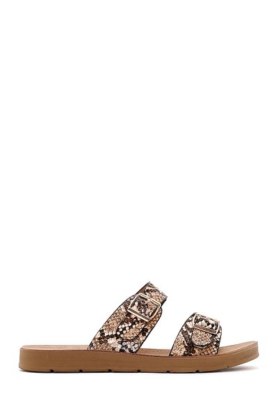 Derimod Women's Brown Double Buckle Patterned Slippers 25Sfe 460240