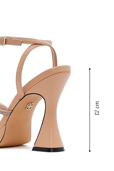 Derimod Women's Beige Ankle Strap Thick High Heeled Shoes Evening Dress Sandals