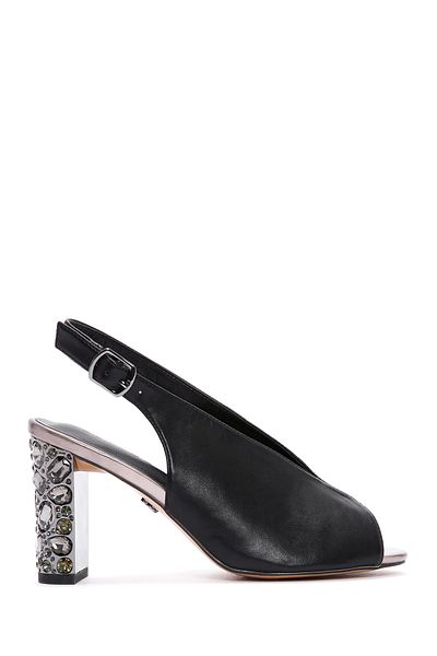 Derimod Women's Black Back Strap Stone Thick Heeled Sandals 25Sfe 462418