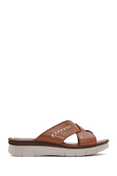 Derimod Women's Tan Thick Soled Leather Comfort Slippers 25Sfd 320018