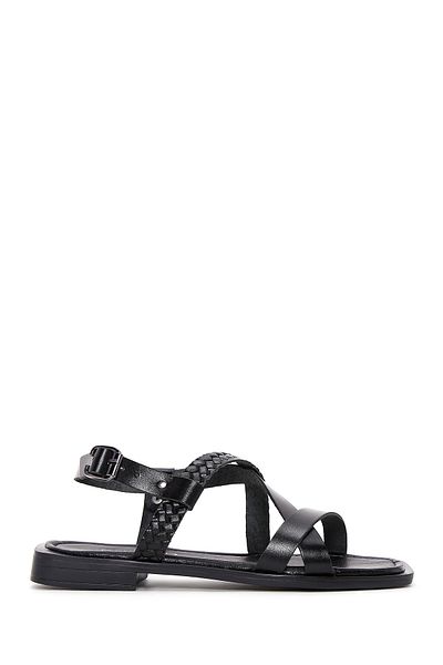 Derimod Women's Black Knitted Detailed Genuine Leather Bodrum Sandals 25Sfd331718