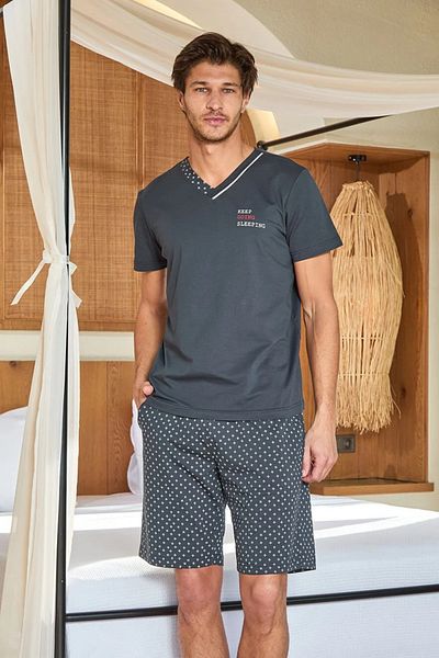 Mavelle Men's Anthracite Short Sleeve Patterned Cotton Shorts Suit 25914