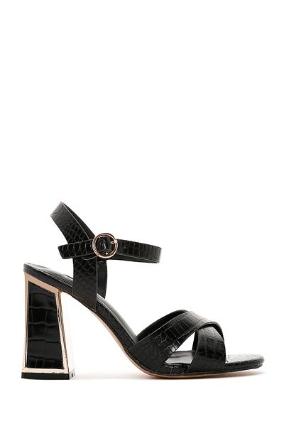 Derimod Women's Black Ankle Strap Thick Heeled Shoes Crocodile Sandals 25Sfe4623E3