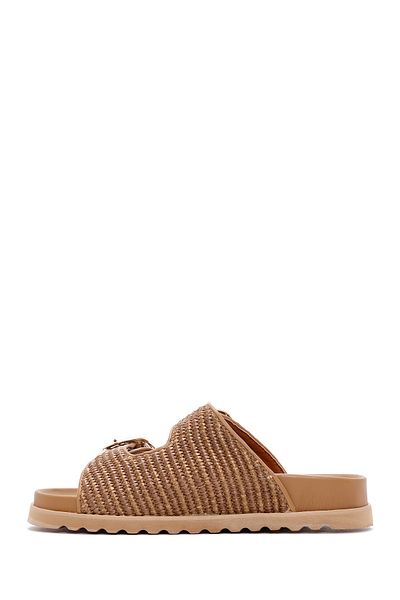 Derimod Women's Tan Double Buckle Straw Slippers 25Sfd4402M7