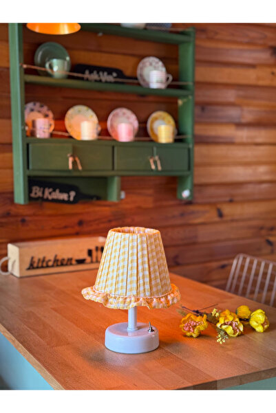 Maison Avf Sarı Pötikare Desen Kumaş Beyaz Ayaklı Kablosuz Gece Masa Lambası