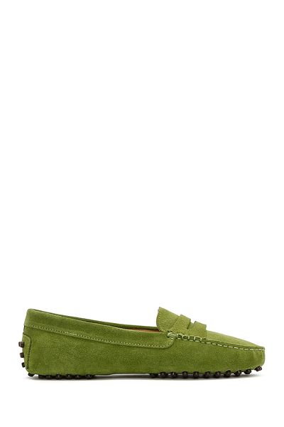 Derimod Pantofi de damă din piele de căprioară verde din piele naturală Penny Loafer Pantofi casual de zi cu zi 25sfd290310
