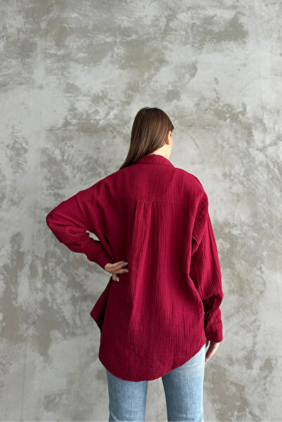 macharel jeans Γυναικείο πουκάμισο Βουργουνδίας Oversize Βαμβακερό