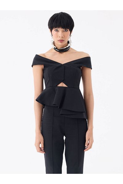 RİVUS Asymmetrical Flounce Detailed Shoulderless Bustier Blouse - Black