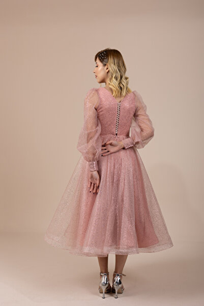 berissima bride Aurora V Yaka Simli Tül Midi Elbise