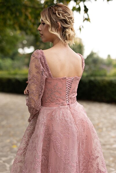 berissima bride Metis Puf Kabartma Simli Tül Kare Yaka Pudra Nişan Elbisesi