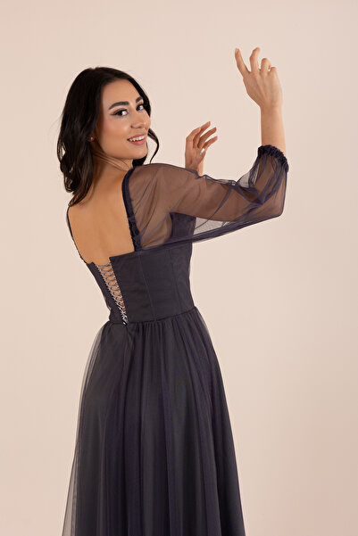 berissima bride Kare Yaka Tül Balon Kol Uzun Elbise