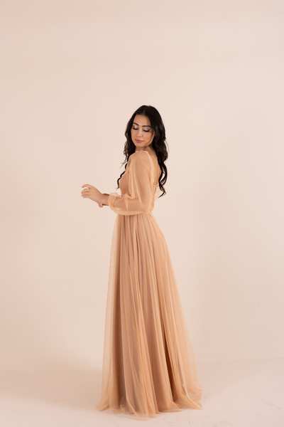 berissima bride Kare Yaka Tül Balon Kol Uzun Elbise