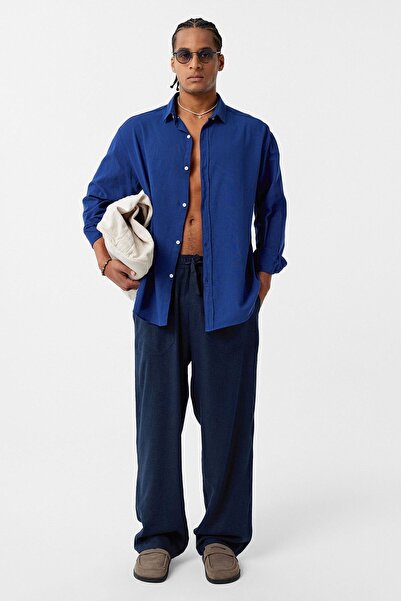 VAMOSCLO Βασικό πουκάμισο oversized από βαμβακερό λινό μπλε κοβαλτίου