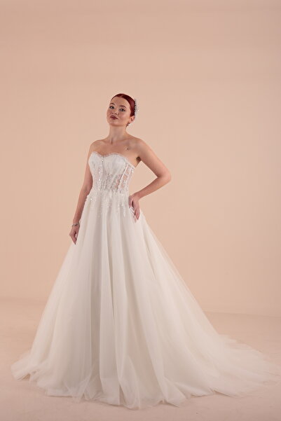 berissima bride Transparan Drapeli Kalp Yaka Helen Gelinlik