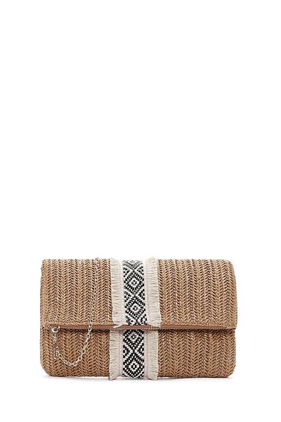Derimod Women's Brown Long Chain Strap Straw Mini Portfolio Bag 25Sbd2903M7