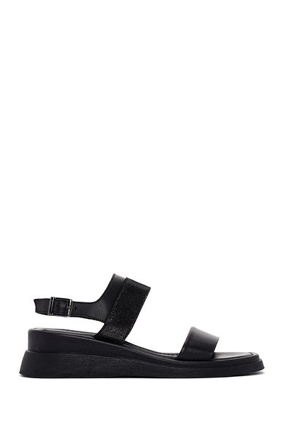 Derimod Women's Black Wedge Heeled Shoes Genuine Leather Sandals 25Sfd361114