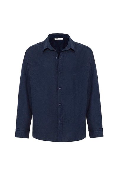 VAMOSCLO Basic Oversize Long Sleeve Linen Shirt Navy Blue