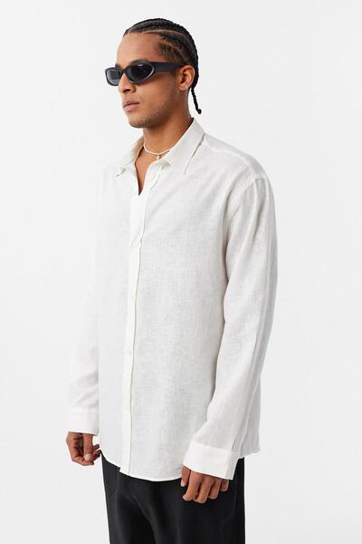 VAMOSCLO Basic Oversize Uzun Kollu Keten Gömlek Ekru