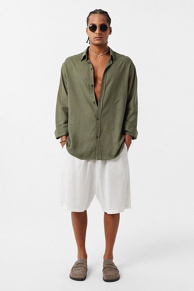 VAMOSCLO Basic Oversize Long Sleeve Linen Shirt Khaki