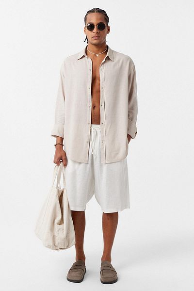 VAMOSCLO Basic Oversize Long Sleeve Linen Shirt Beige