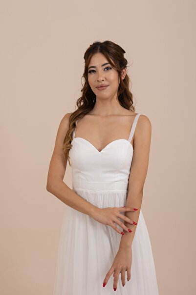 berissima bride Lux | Tül Askılı Kalp Yaka Beyaz Elbise |