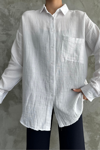 macharel jeans Λευκό Oversize βαμβακερό γυναικείο πουκάμισο