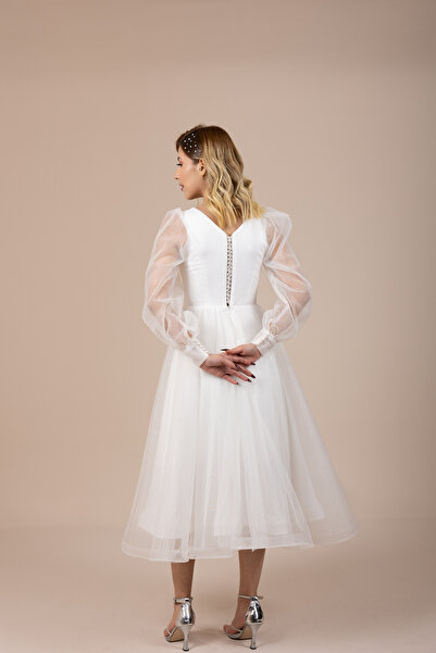 berissima bride Aurora V Yaka Simli Tül Midi Nikah Ve Nişan Elbise