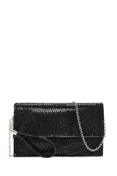 Derimod Women's Black Long Chain Strap Stone Evening Dress Clutch Bag 25Sbd2901Ts