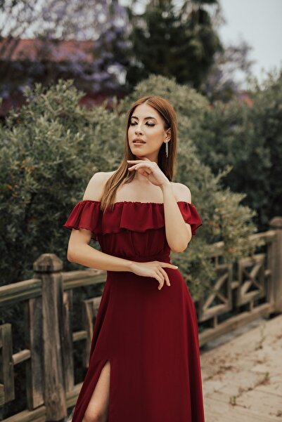 berissima bride Vesta Şifon Volan Yaka Bordo Abiye Elbise