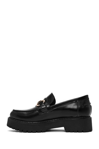 Derimod Women's Black Buckle Detailed Thick Soled Genuine Leather Masculine Casual Loafer Shoes 25Sfd180222