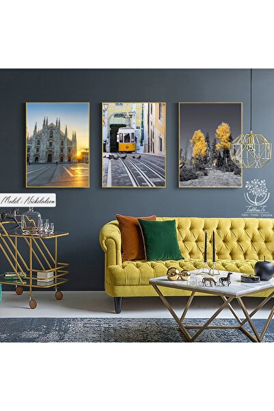 Tablomtr Metal Çerçeveli Gerçek Camlı Tablo Porcelain 3 Lü Set