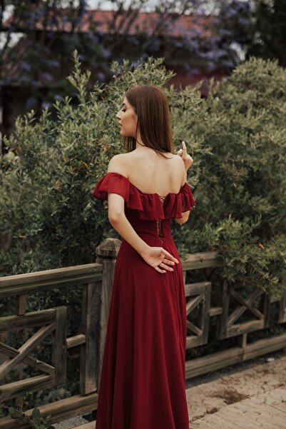berissima bride Vesta Şifon Volan Yaka Bordo Abiye Elbise