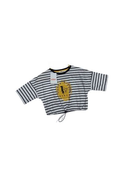 Çikoby Girl's T-Shirt Elastic Waist Crop Ecru Black Striped