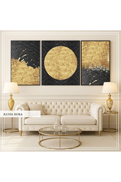 Tablomtr Metal Çerçeveli Gerçek Camlı Altın Aura 3'lü Tablo