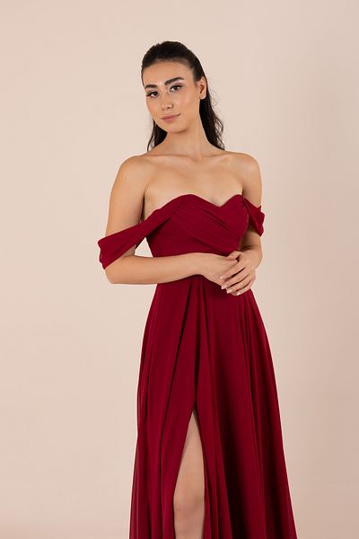berissima bride Rochie de seara din sifon cu maneca joasa Lotus Draped Burgundy