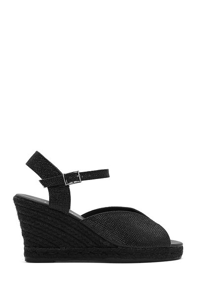Derimod Women's Black Glitter Ankle Buckle Wedge Heeled Shoes Espadrille Sandals 25Sfd2074Sm