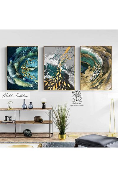 Tablomtr Set de picturi decorative din 3 piese cu imitație de sticlă cu cadru metalic