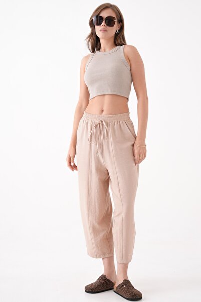 Saade Bej Beli Lastikli Cepli Şalvar Pantolon