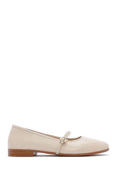 Derimod Women's Beige Strappy Genuine Leather Summer Ballerina Shoes 25Sfd350318