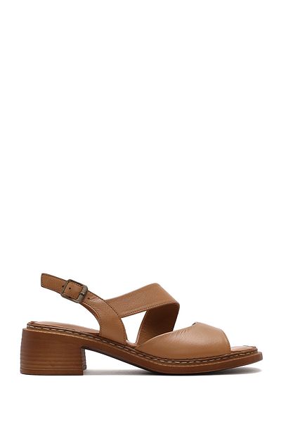 Derimod Women's Tan Ankle Buckle Short Heeled Shoes Genuine Leather Sandals 25Sfd341118
